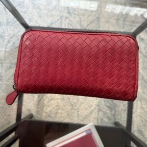 Bottega Venetta Red Intrecciato Woven Nappa Leather Zip Around Wallet